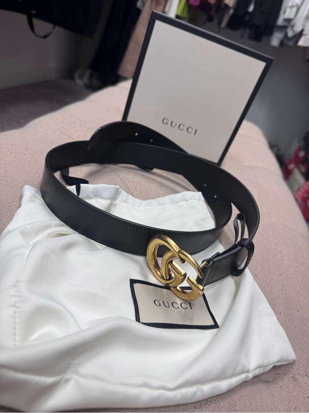 Gucci Black Leather Belt with Gold Double G Knot Buckle